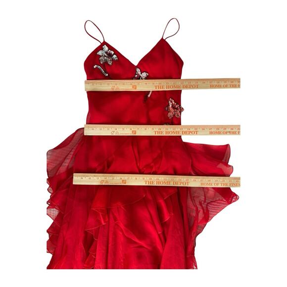 VTG Y2K Red Silk Sequin Midi Cocktail Dress Gown Fairy Ruffle XS Ethereal Prom - Picture 10 of 12